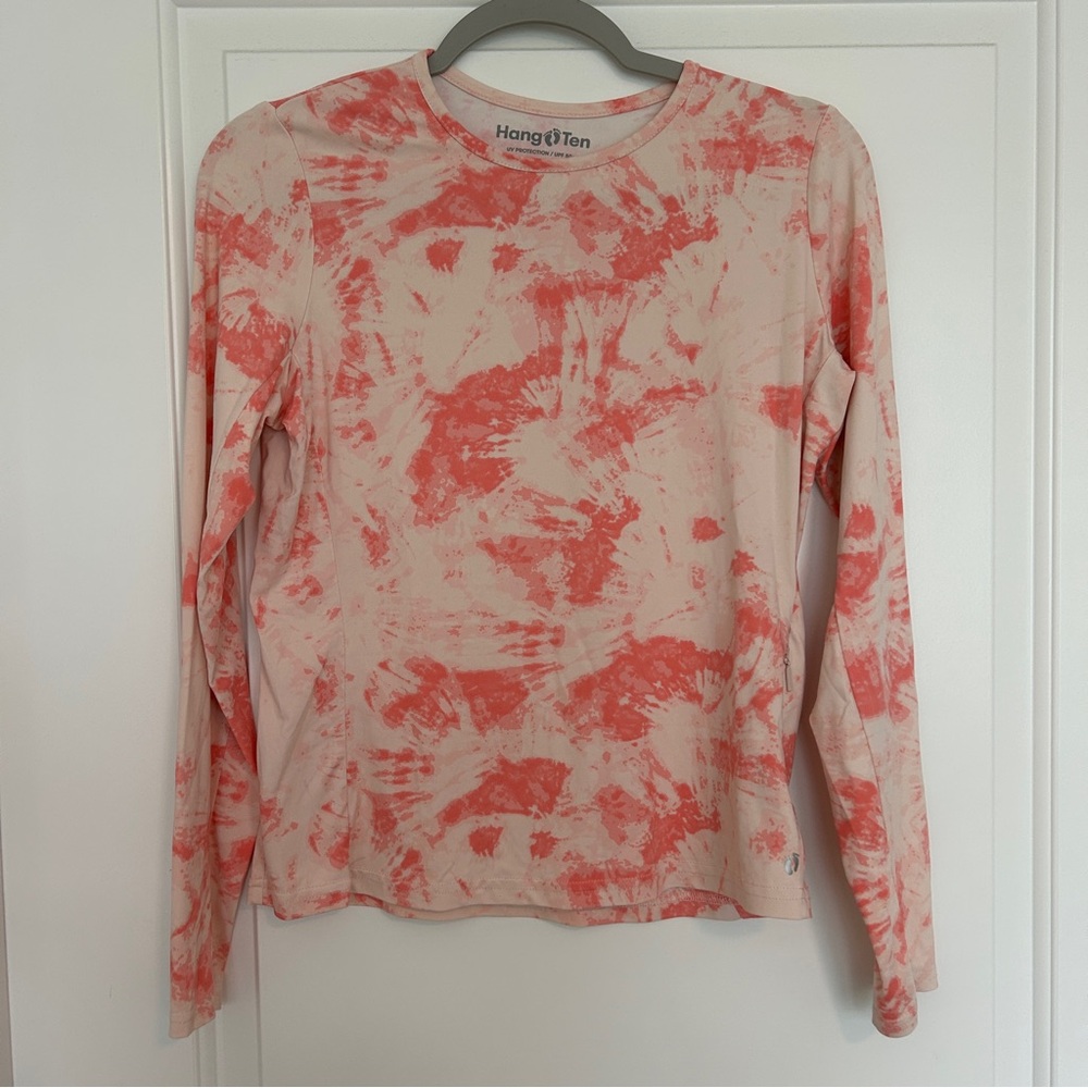 Hang Ten Women’s Coral Tie-Dye Long Sleeve Rash Guard with UPF 50+, Size Small